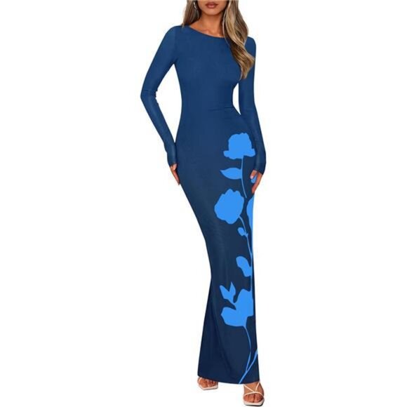 Bodycon Maxi Dress Long Sleeve Sexy Mesh Blue - Picture 1 of 6